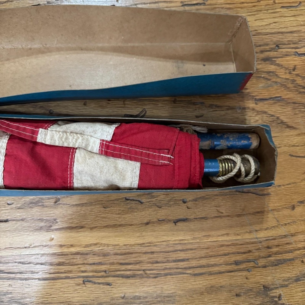 Vintage 50 Star American Flag w/ Original Box Blue Wood Pole Montgomery Ward 3x5 - Picture 3 of 15